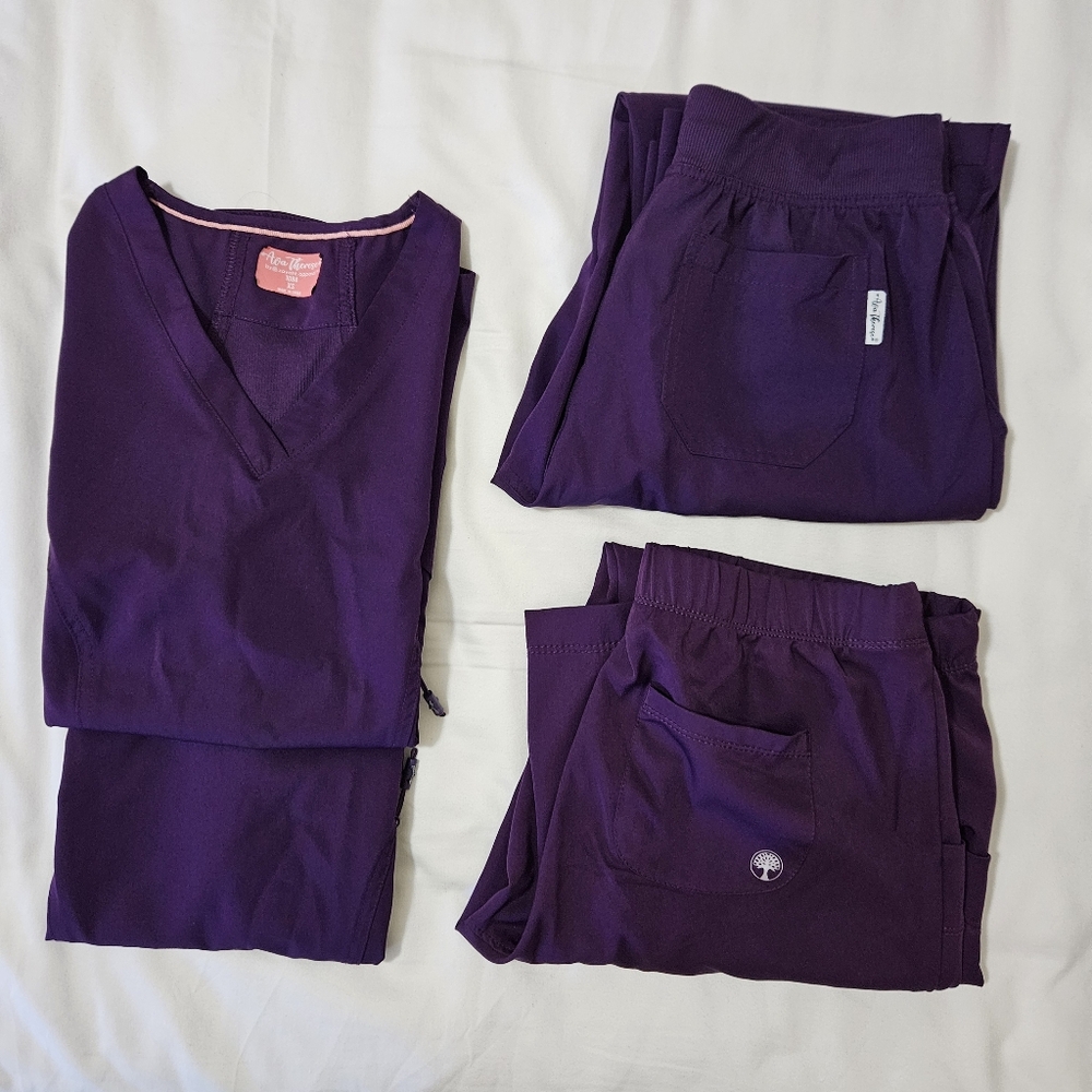 Ava Therese and Healing Hands Purple Violet Eggplant SCRUB SUITS 2 PAIRS